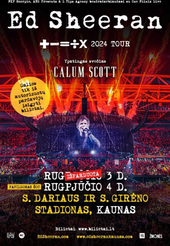 Ed Sheeran, +=÷× 2024 Tour 03.08.2024 Dariaus ir Girėno stadionas Biļešu Serviss